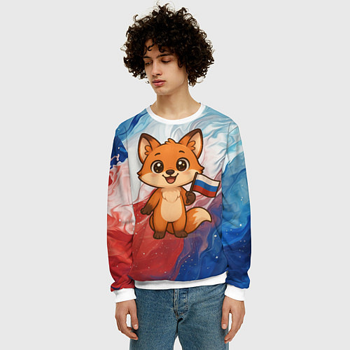 Мужской свитшот Лисенок с флагом России / 3D-Белый – фото 3