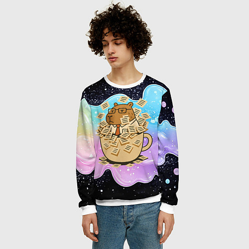 Мужской свитшот Менеджер капибара в кружке в стикерах / 3D-Белый – фото 3