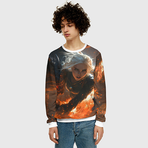 Мужской свитшот Цири и дракон в огне / 3D-Белый – фото 3