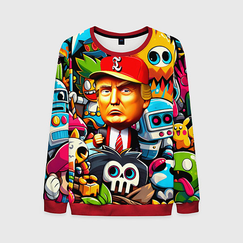 Мужской свитшот Дональд Трамп в компании мультяшных персонажей / 3D-Красный – фото 1