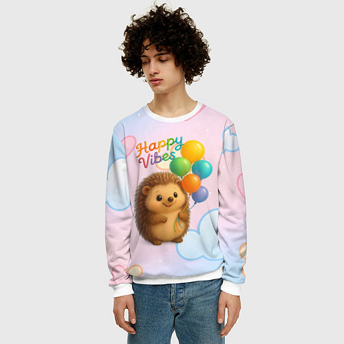 Мужской свитшот Happy vibes ежик с разноцветными шариками / 3D-Белый – фото 3