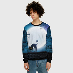 Свитшот мужской Полнолуние и черный кот - жуткий Хэллоуин, цвет: 3D-черный — фото 2
