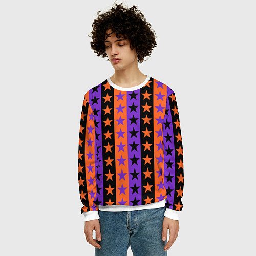 Мужской свитшот Звёзды Хэллоуина паттерн полосатый / 3D-Белый – фото 3