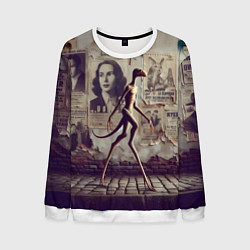 Свитшот мужской Пришелец идёт вдоль стены с рваными афишами, цвет: 3D-белый