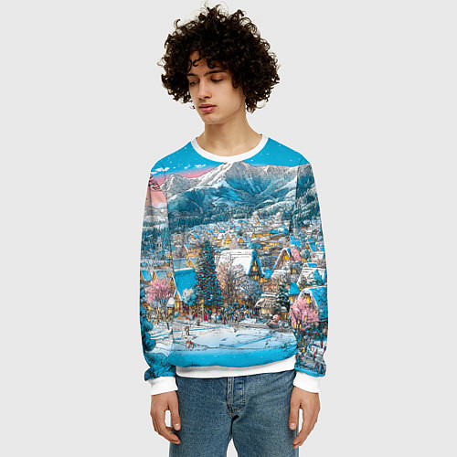Мужской свитшот Новогодняя деревушка в горах / 3D-Белый – фото 3