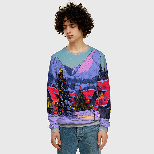 Мужской свитшот Новогодние елки в горном городке / 3D-Меланж – фото 3