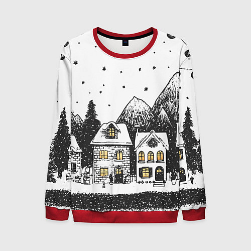 Мужской свитшот Черно-белый новогодний город / 3D-Красный – фото 1