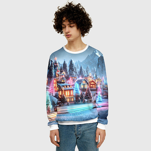 Мужской свитшот Городок в новогодних огоньках / 3D-Белый – фото 3
