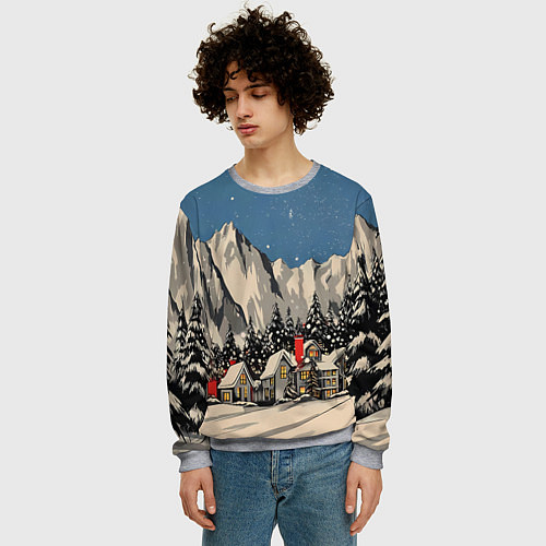 Мужской свитшот Небольшой новогодний город в горах / 3D-Меланж – фото 3
