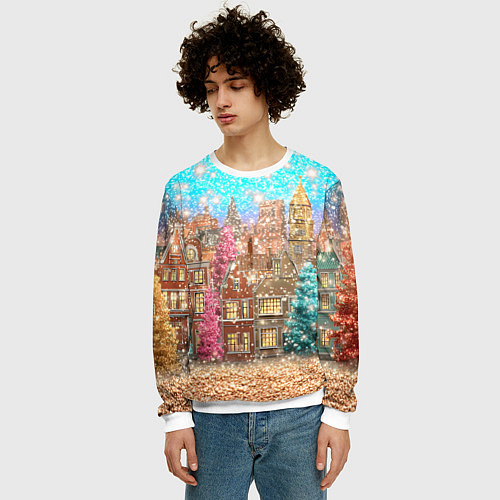 Мужской свитшот Новогодний город в блестках / 3D-Белый – фото 3