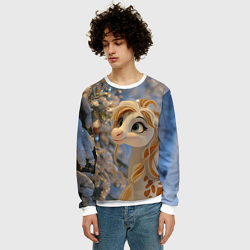 Мужской свитшот Новогодняя лошадка в крапинку / 3D-Белый – фото 3