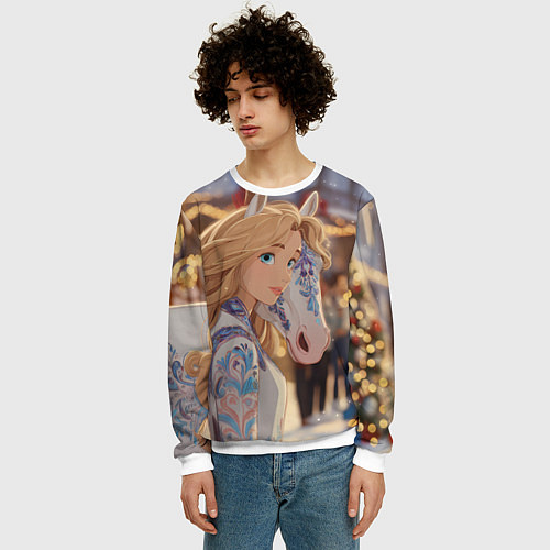 Мужской свитшот Блондинка с новогодней лошадкой / 3D-Белый – фото 3