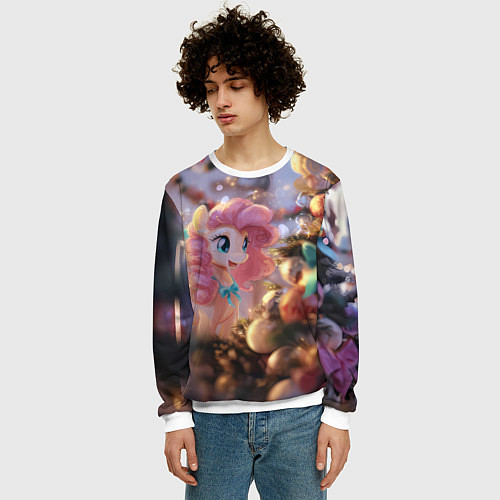 Мужской свитшот Милая новогодняя лошадка с крыльями / 3D-Белый – фото 3