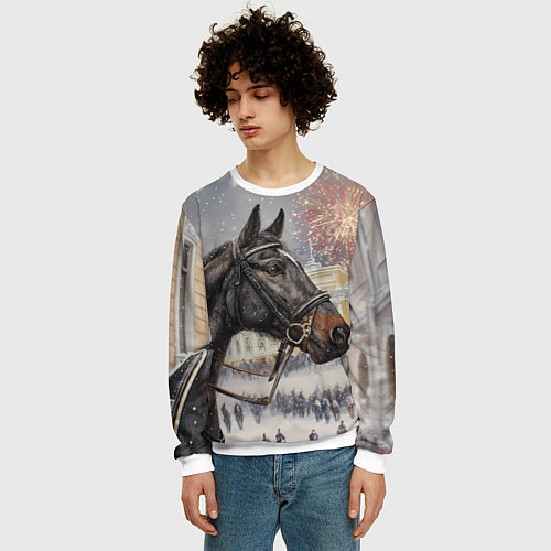 Мужской свитшот Конь на фоне салюта / 3D-Белый – фото 3
