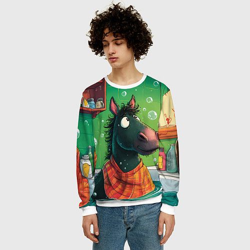 Мужской свитшот Лошадь моется в ванной / 3D-Белый – фото 3