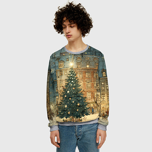 Мужской свитшот Новогодний старый город / 3D-Меланж – фото 3