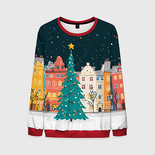 Мужской свитшот Новогодняя ночь в городе / 3D-Красный – фото 1