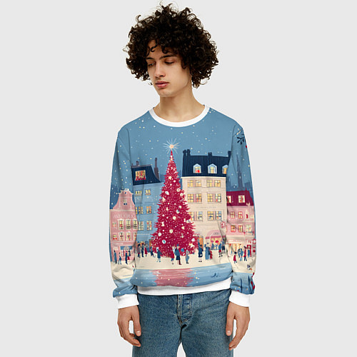 Мужской свитшот Новогоднее гуляние у красной елки / 3D-Белый – фото 3