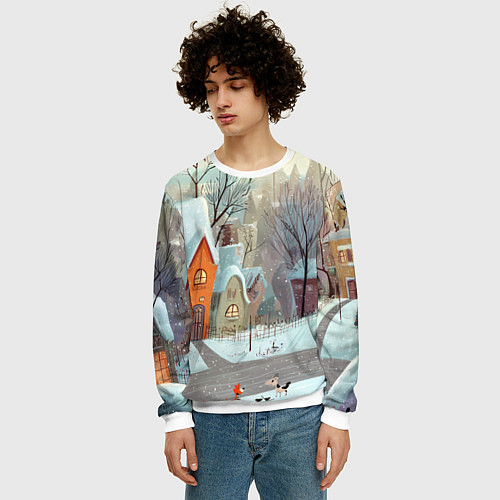 Мужской свитшот Милый новогодний дворик / 3D-Белый – фото 3