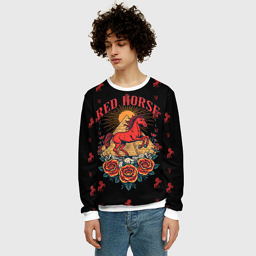 Мужской свитшот Красная лошадь на фоне пирамиды / 3D-Белый – фото 3