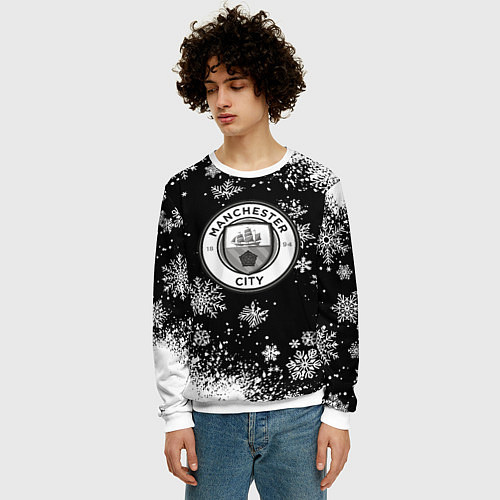 Мужской свитшот Манчестер сити снежинки новый год / 3D-Белый – фото 3