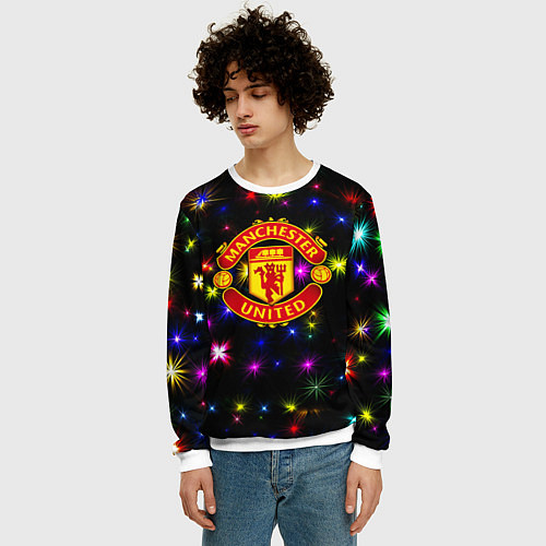 Мужской свитшот Манчестер Юнайтед праздничные огни / 3D-Белый – фото 3