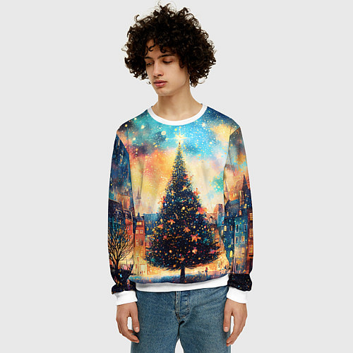 Мужской свитшот Новогодняя елка за городом / 3D-Белый – фото 3