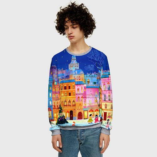 Мужской свитшот Разноцветные новогодние домики / 3D-Меланж – фото 3