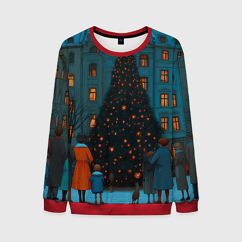 Мужской свитшот Люди встречают новый год во дворе / 3D-Красный – фото 1