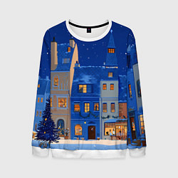 Свитшот мужской Синяя новогодняя елочка во дворе, цвет: 3D-белый