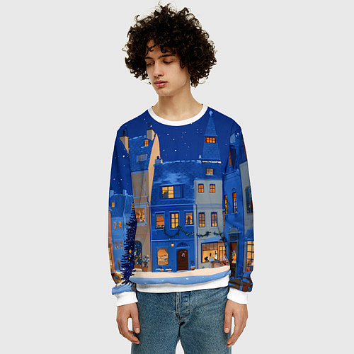 Мужской свитшот Синяя новогодняя елочка во дворе / 3D-Белый – фото 3