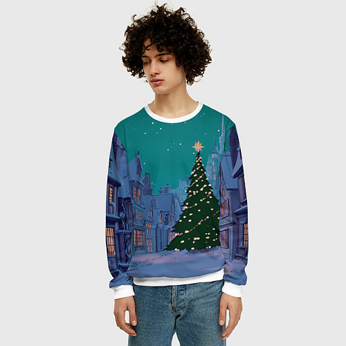 Мужской свитшот Зеленая новогодняя елка во вдоре / 3D-Белый – фото 3