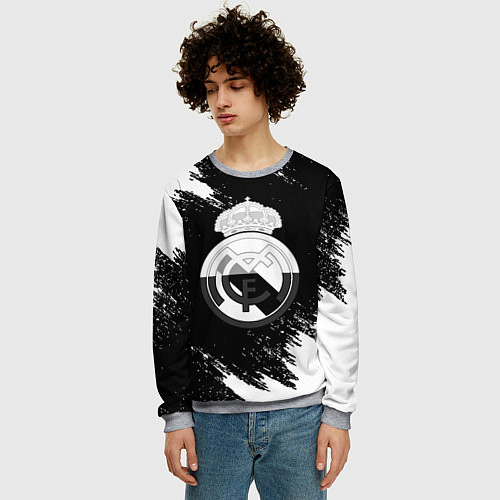 Мужской свитшот Реал Мадрид черно белые краски / 3D-Меланж – фото 3