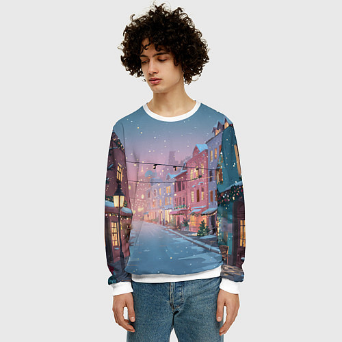 Мужской свитшот Новогодняя улица / 3D-Белый – фото 3