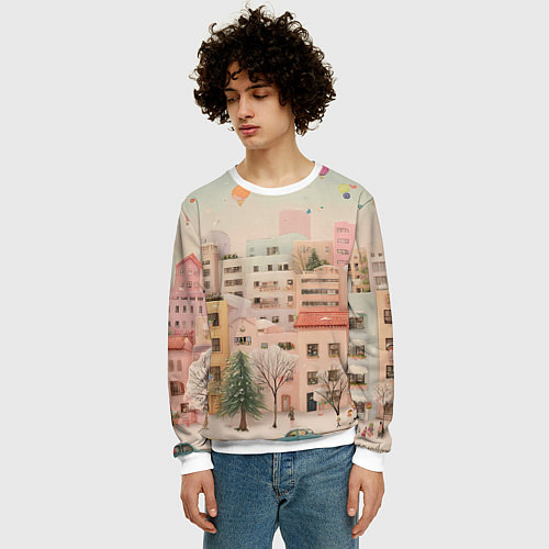 Мужской свитшот Объемный новогодний город / 3D-Белый – фото 3