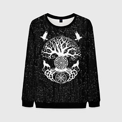 Свитшот мужской Волки и вороны Одина и древо мира, цвет: 3D-черный