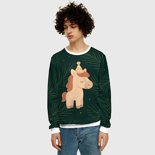 Мужской свитшот Милая лошадка с колпаком / 3D-Белый – фото 3