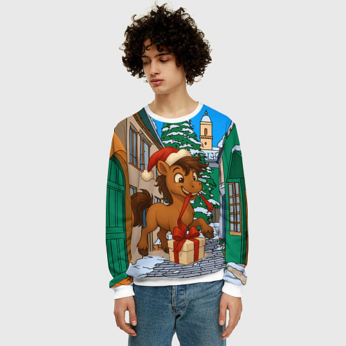 Мужской свитшот Лошадка распаковывает новогодний подарок / 3D-Белый – фото 3