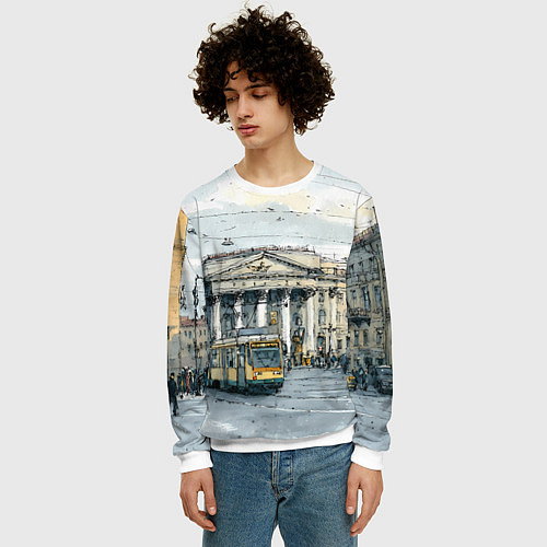 Мужской свитшот Зимняя улица Санкт-Петербурга / 3D-Белый – фото 3