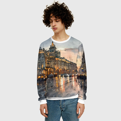 Мужской свитшот Санкт-Петербург - мокрый снег / 3D-Белый – фото 3