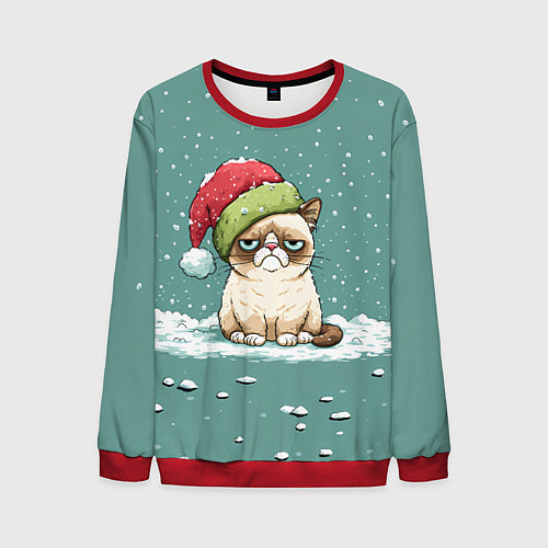 Мужской свитшот Недовольный новогодний котик / 3D-Красный – фото 1