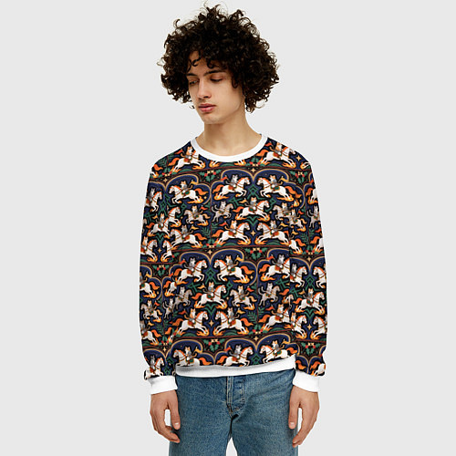 Мужской свитшот Новогодние коты всадники на лошади / 3D-Белый – фото 3