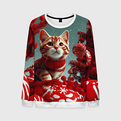 Свитшот мужской Рыжий кот - Новый год, цвет: 3D-белый