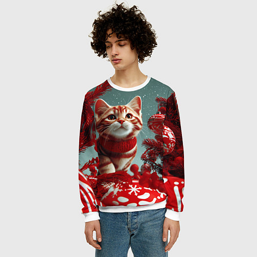 Мужской свитшот Рыжий кот - Новый год / 3D-Белый – фото 3