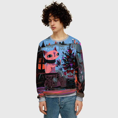 Мужской свитшот Кошка празднует Новый год / 3D-Меланж – фото 3