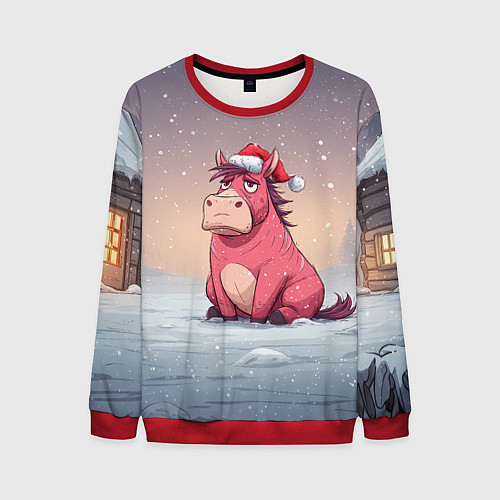 Мужской свитшот Розовая новогодняя лошадка / 3D-Красный – фото 1