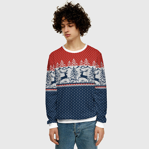 Мужской свитшот Вязаный узор с оленями / 3D-Белый – фото 3