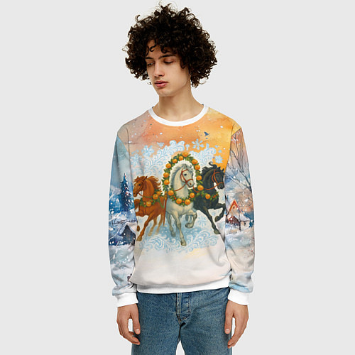 Мужской свитшот Новогодняя тройка лошадей с мандаринами / 3D-Белый – фото 3