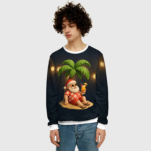 Мужской свитшот Санта чиллит под пальмой / 3D-Белый – фото 3