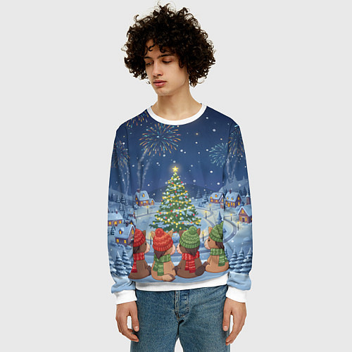 Мужской свитшот Лошадки в новогоднюю ночь / 3D-Белый – фото 3